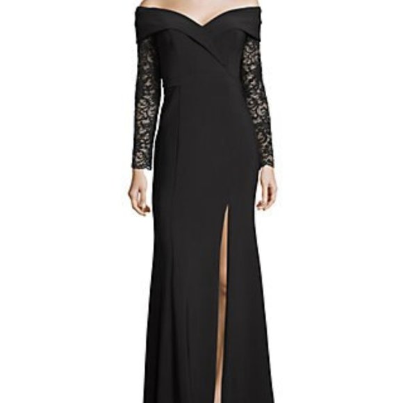 New XSCAPE  Formal Dress Black Small High Slit Long Lace Sequin Sleeves V-Neck - Picture 7 of 12